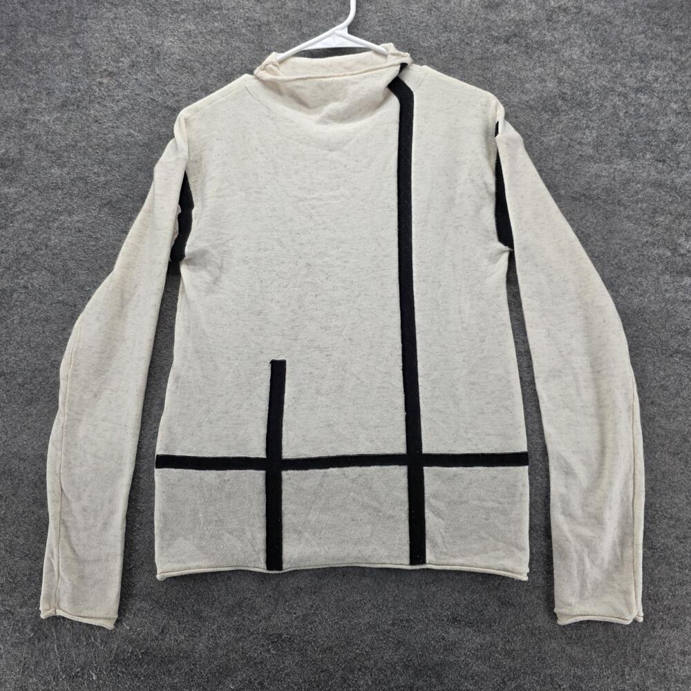 Plain Thread Sweater Mens Small Cream Black Sheer Knit Mock Neck Long Sleeve